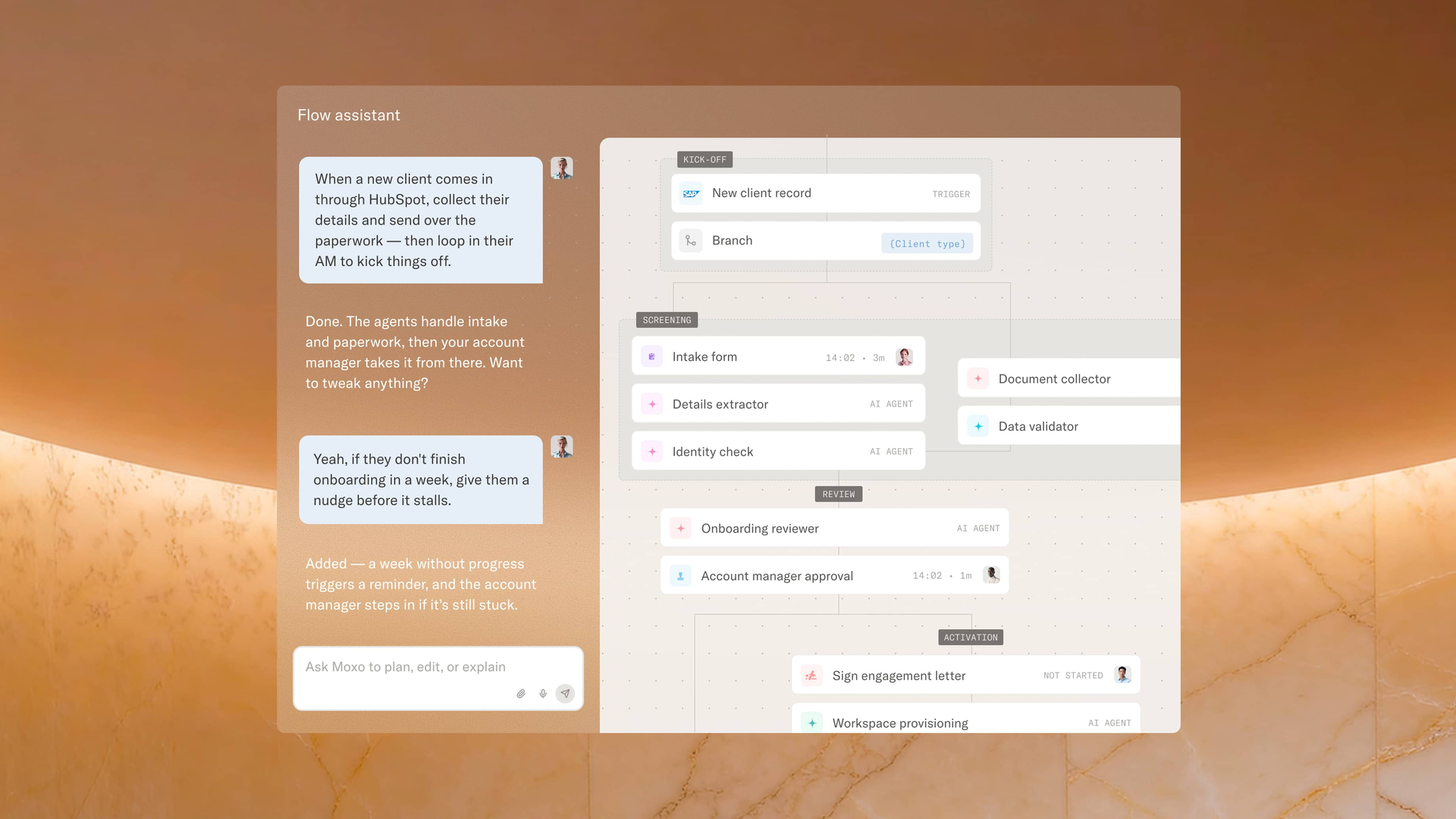 L'assistant Moxo Flow lance un workflow à partir d'une nouvelle fiche client HubSpot